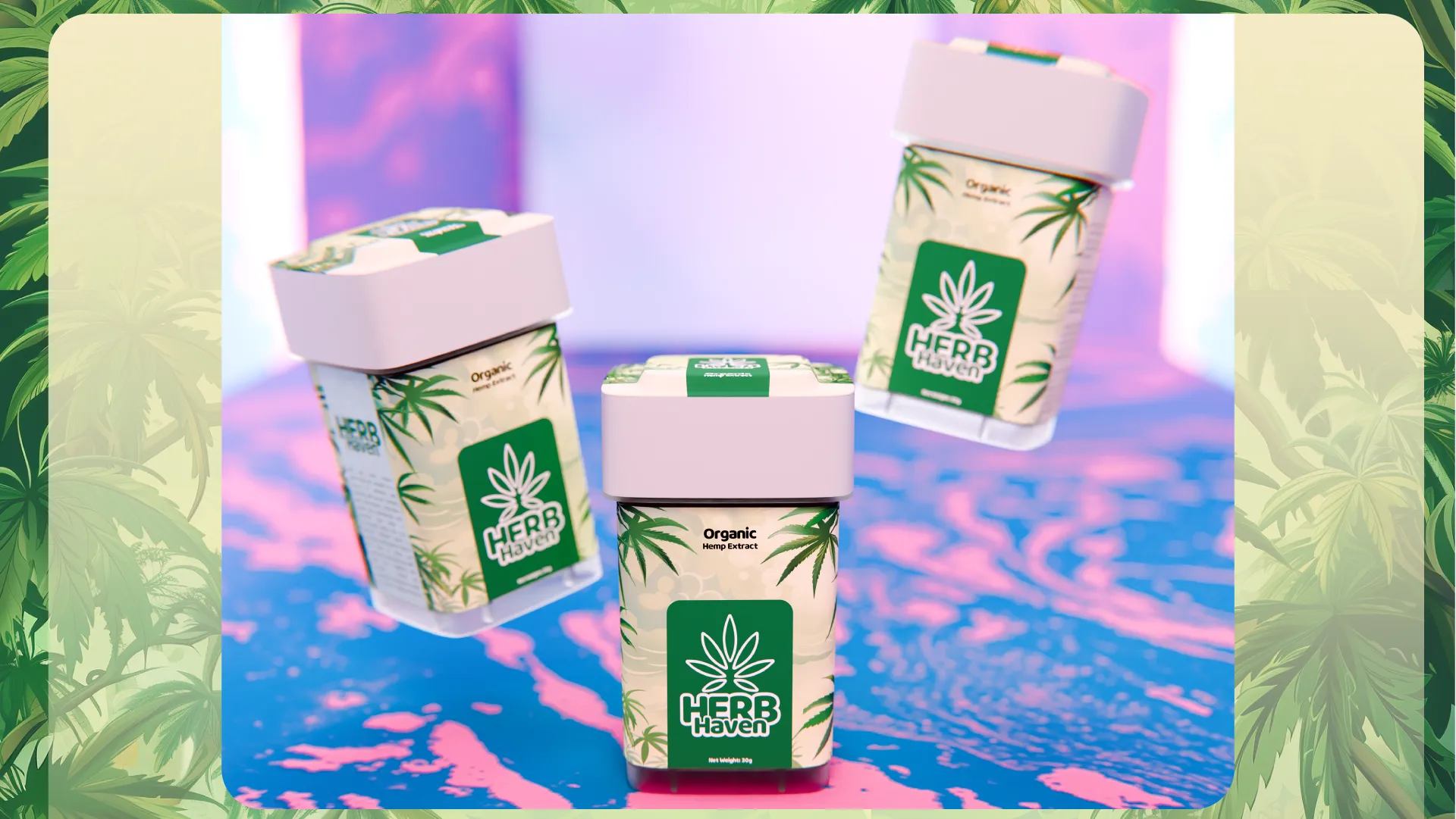 Three hemp extract canisters in a dynamic, floating diagonal arrangement.
