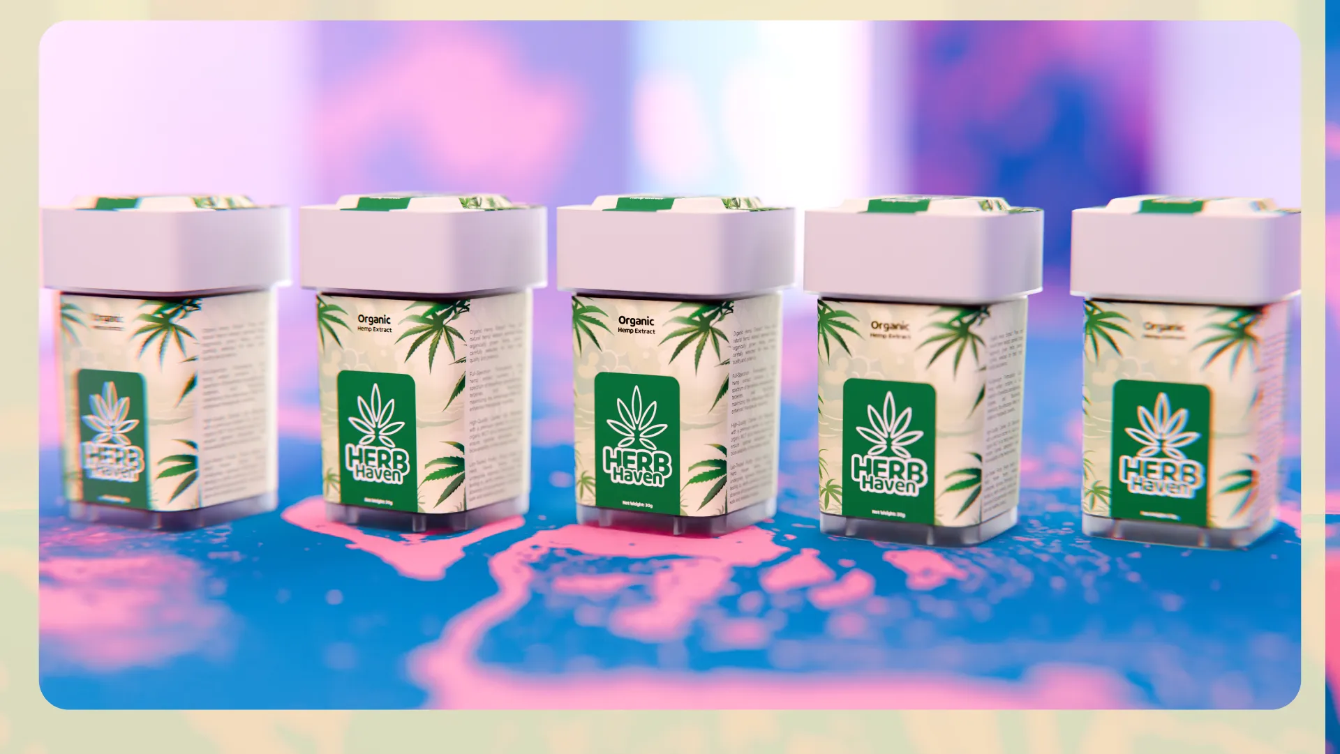 Five premium organic hemp extract canisters arranged in a row.