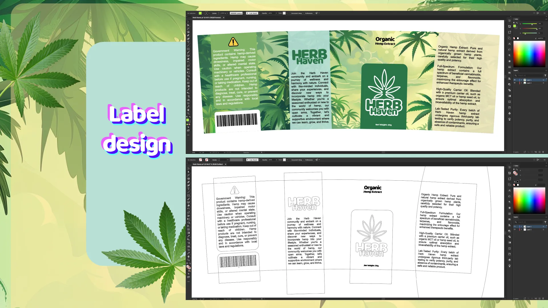 Detailed technical flat layouts of the label design for the hemp extract canisters.