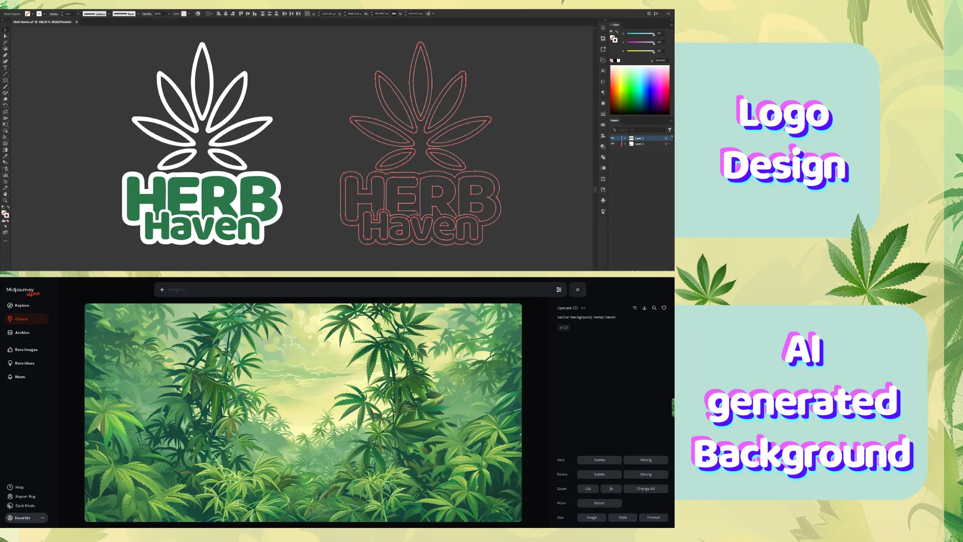 Logo design variations and AI-generated background concepts for a hemp brand.