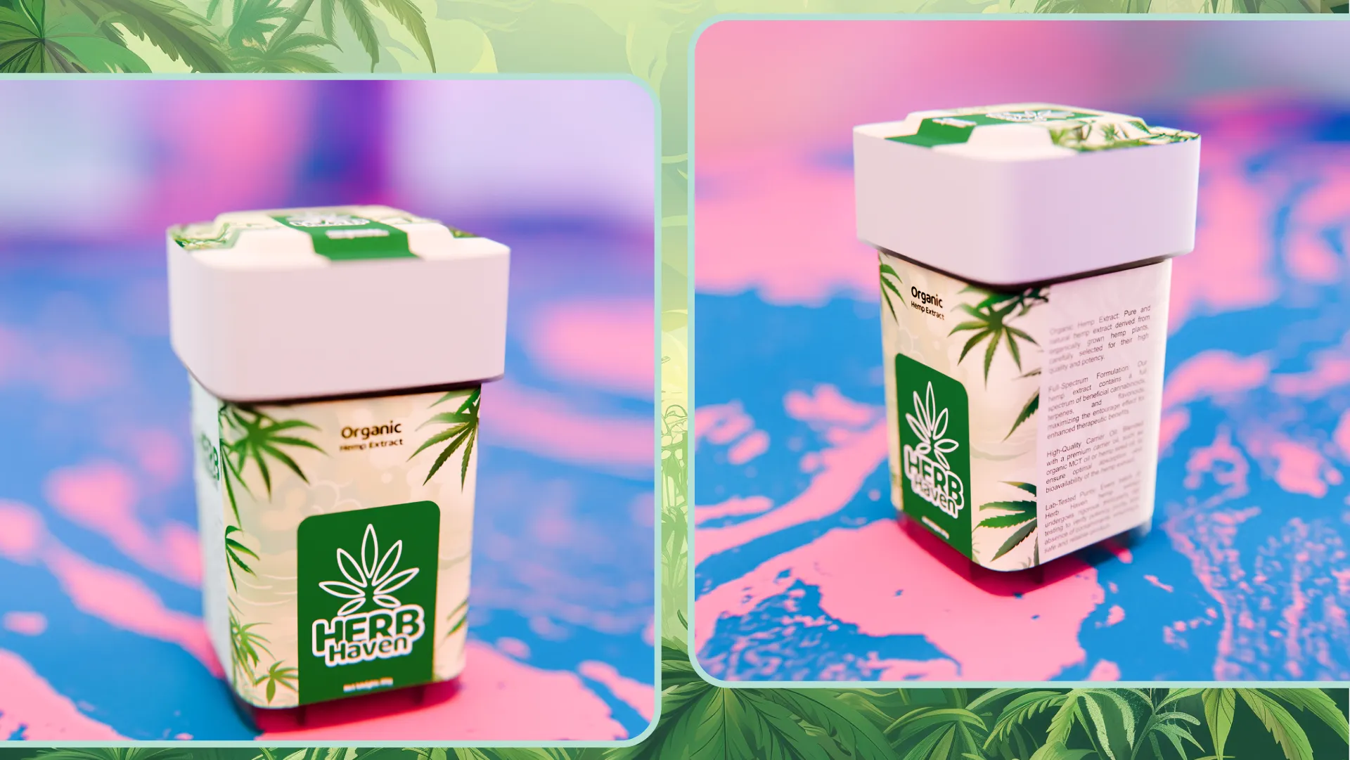 Split view showing a single hemp canister front view and its side technical label.