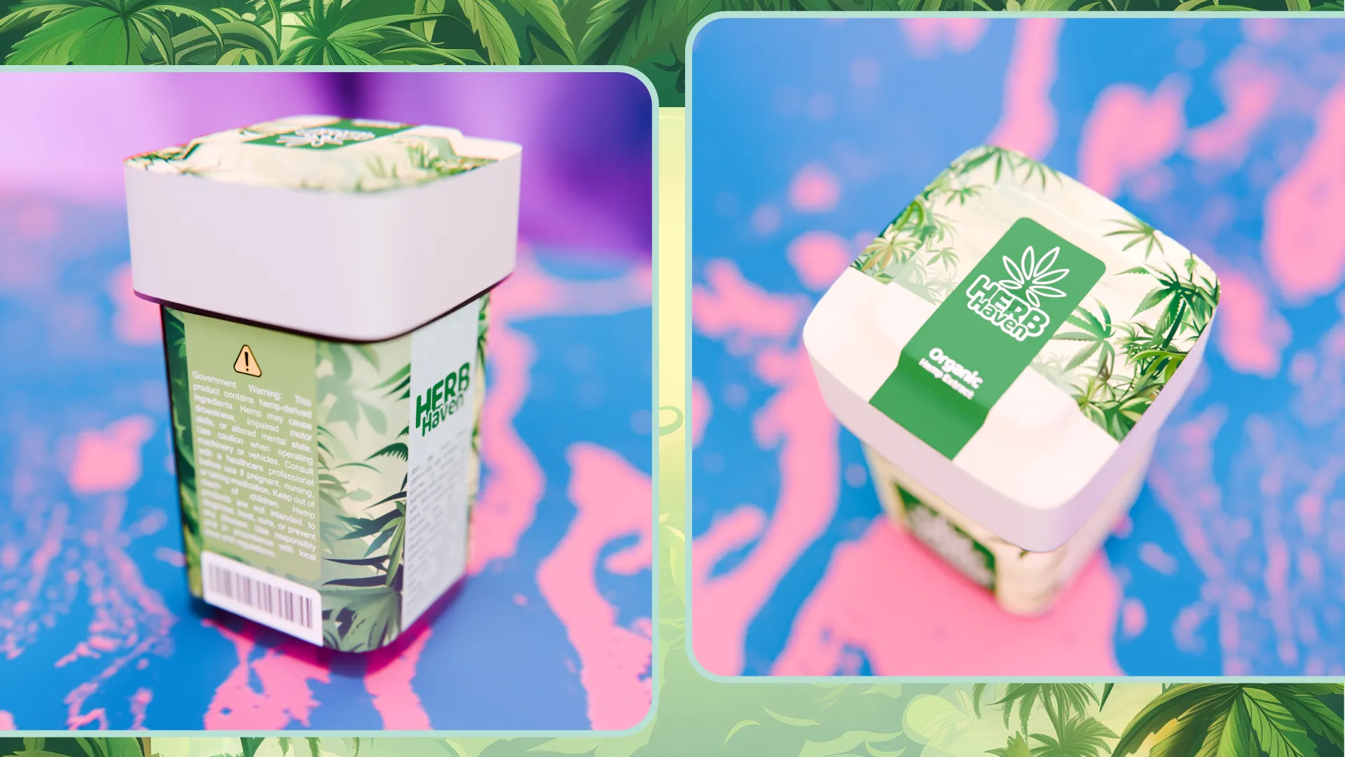 Split view showing the back warning label and the top lid branding of a single hemp canister.