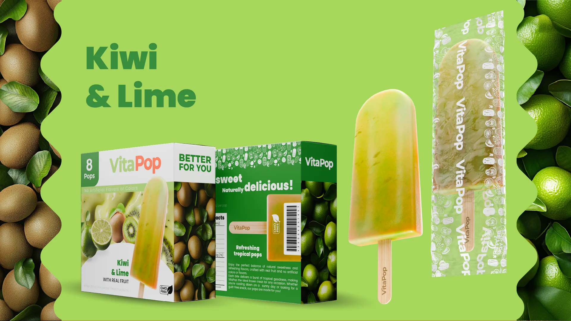 Kiwi and lime flavored popsicle with bright green packaging details.
