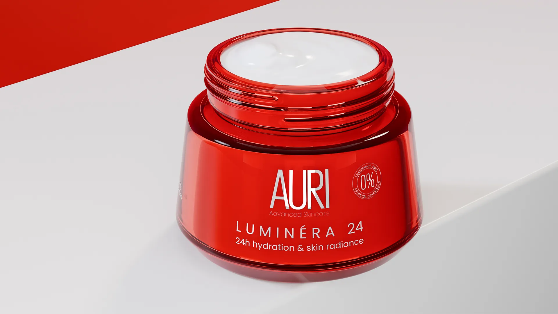 Dynamic perspective view of a single red cosmetic jar on a clean white surface.