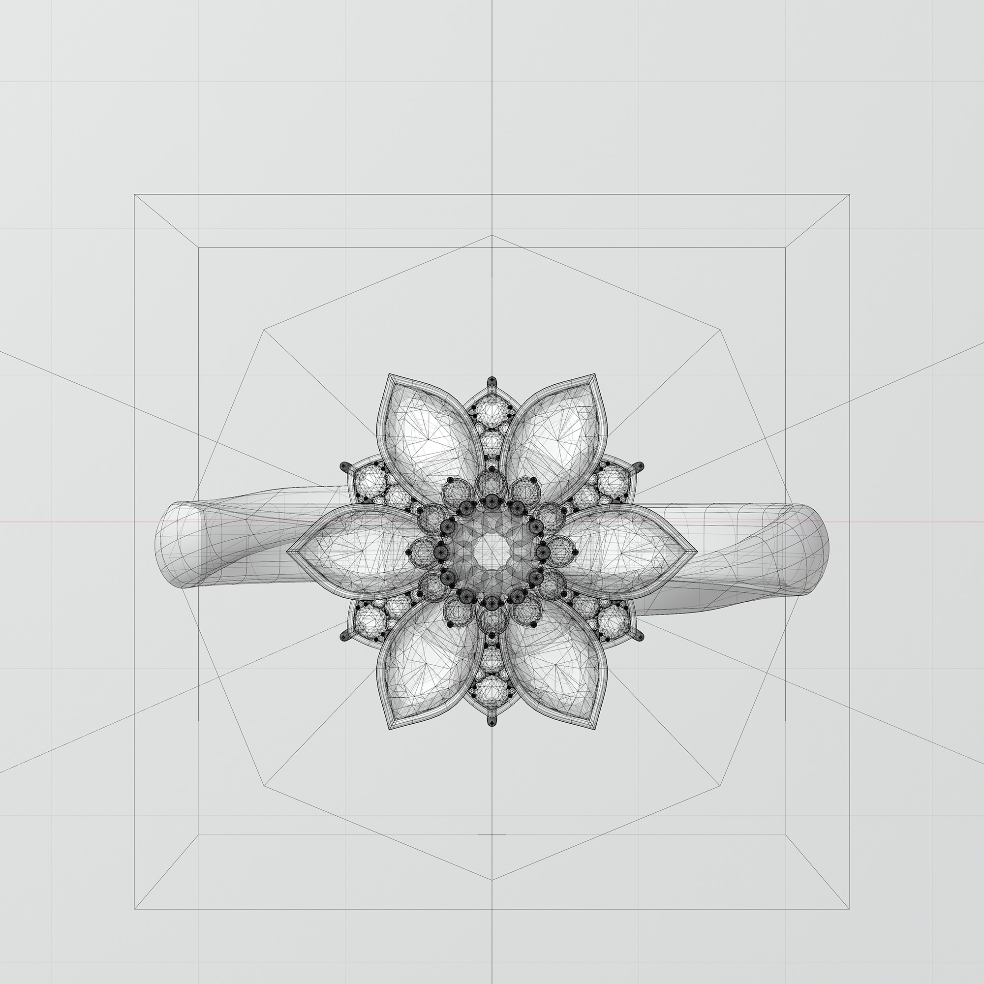 Technical wireframe overlay of the flower ring geometry showing high-poly 3D modeling.