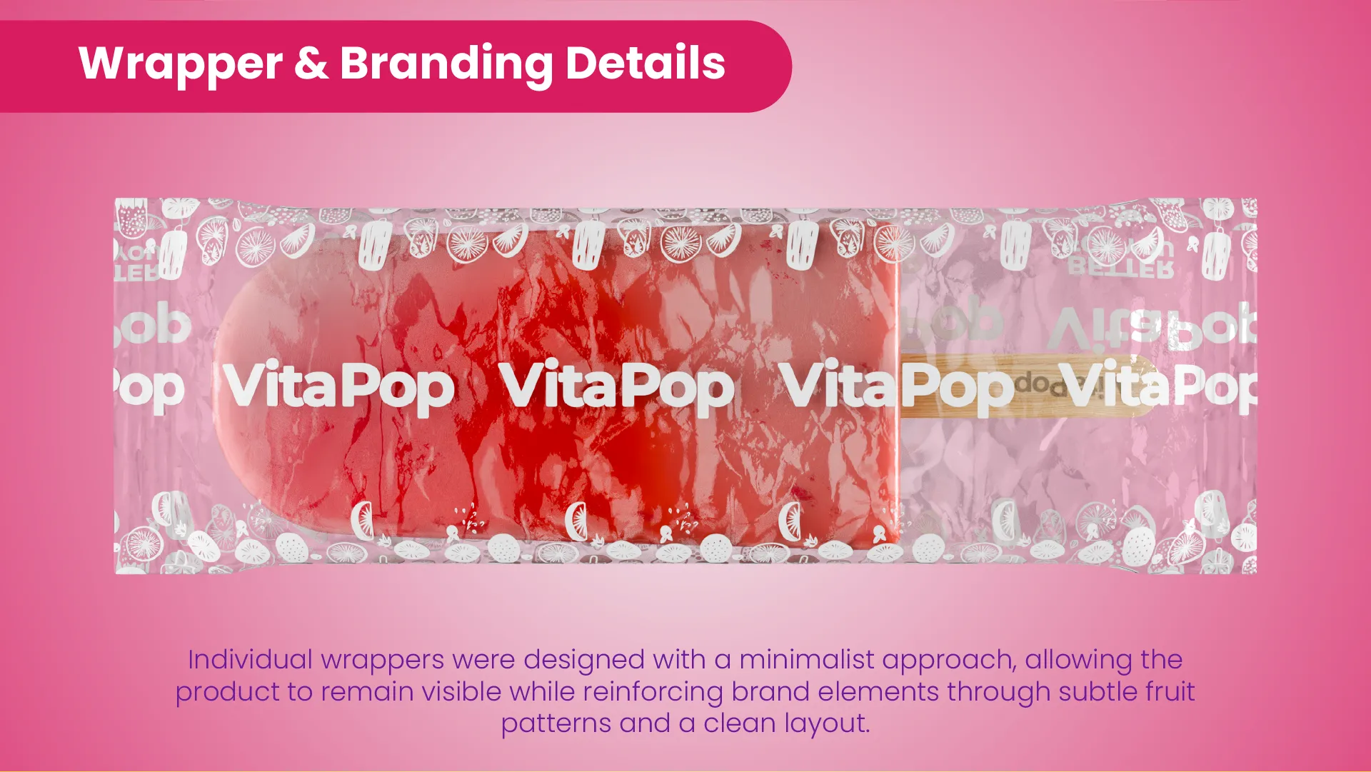 Close-up of a semi-transparent popsicle wrapper with repeated brand patterns.