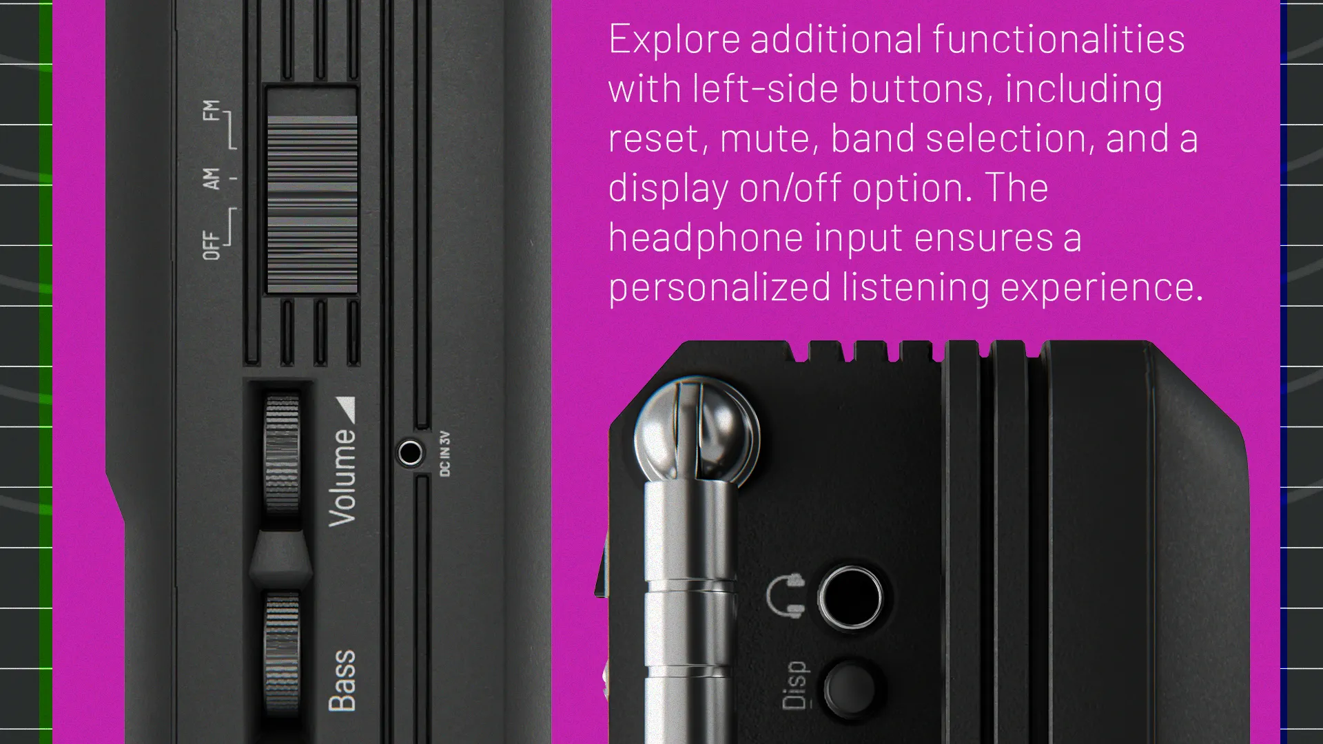 Side control panel of RETROWAVE RW-900 with volume and bass sliders