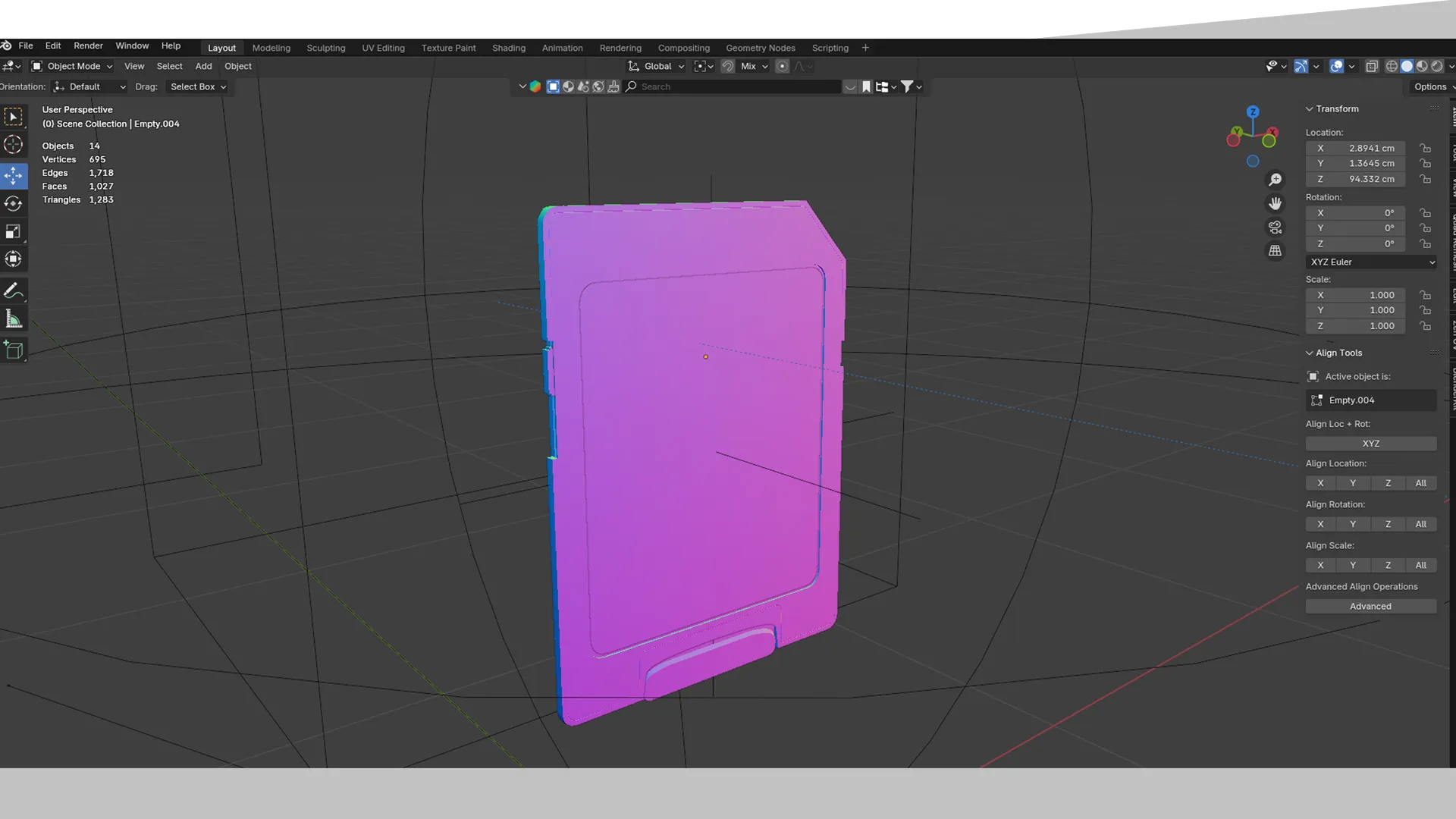 Blender viewport showing 3D model of SD card packaging structure.