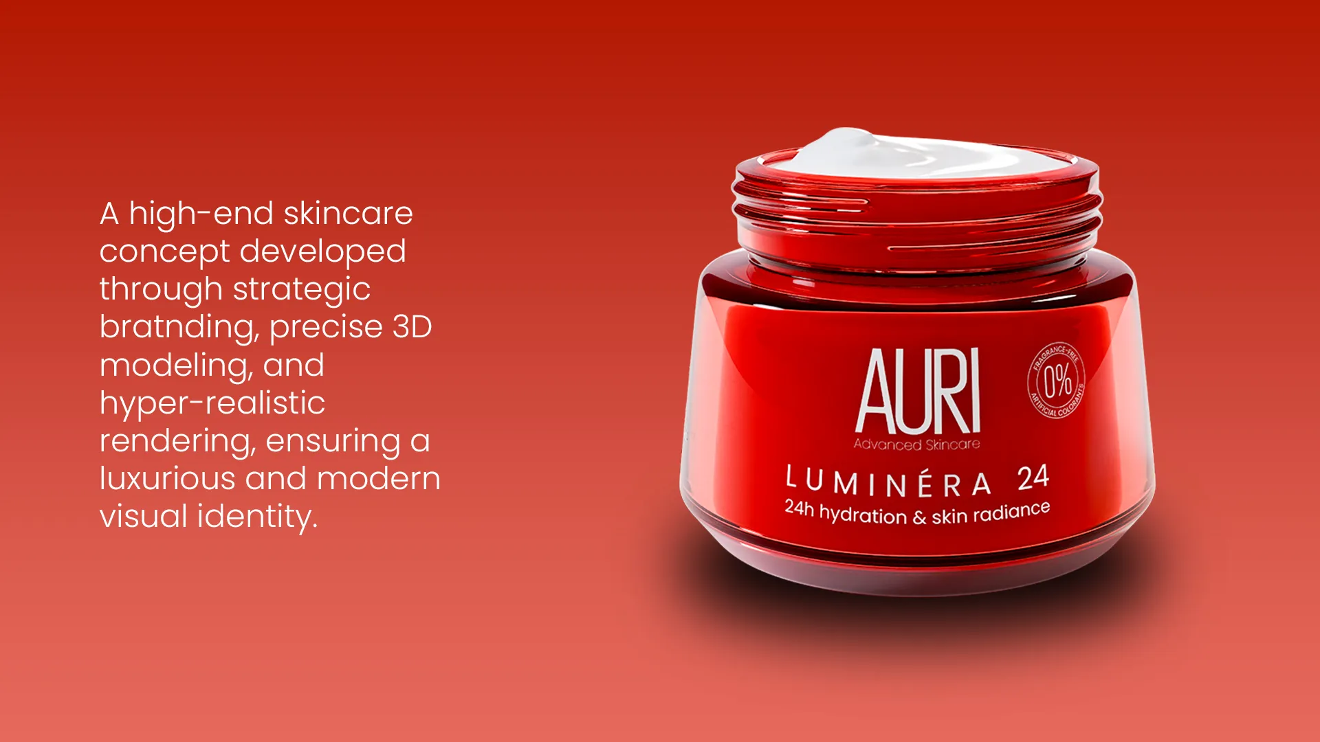 Close-up of a red cosmetic jar on the right with descriptive typography on the left.