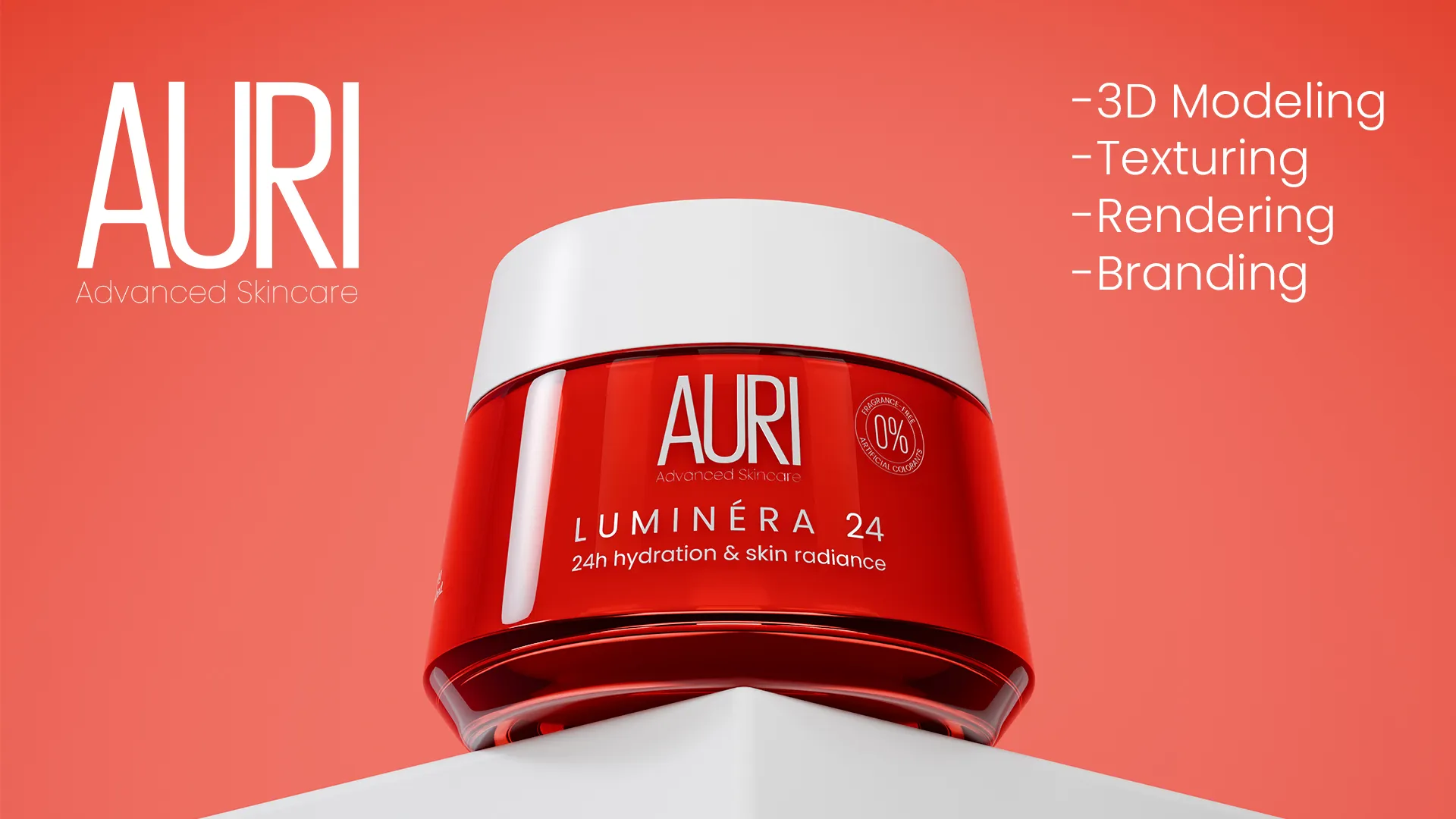 A premium red cosmetic jar on a minimalist white pedestal with a solid red background.