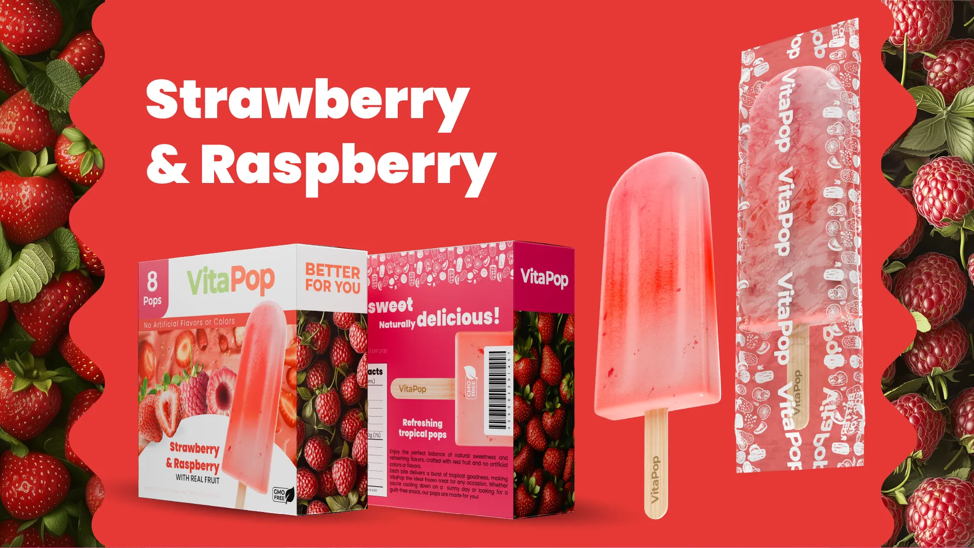 Strawberry and raspberry flavored popsicle with vibrant red packaging details.