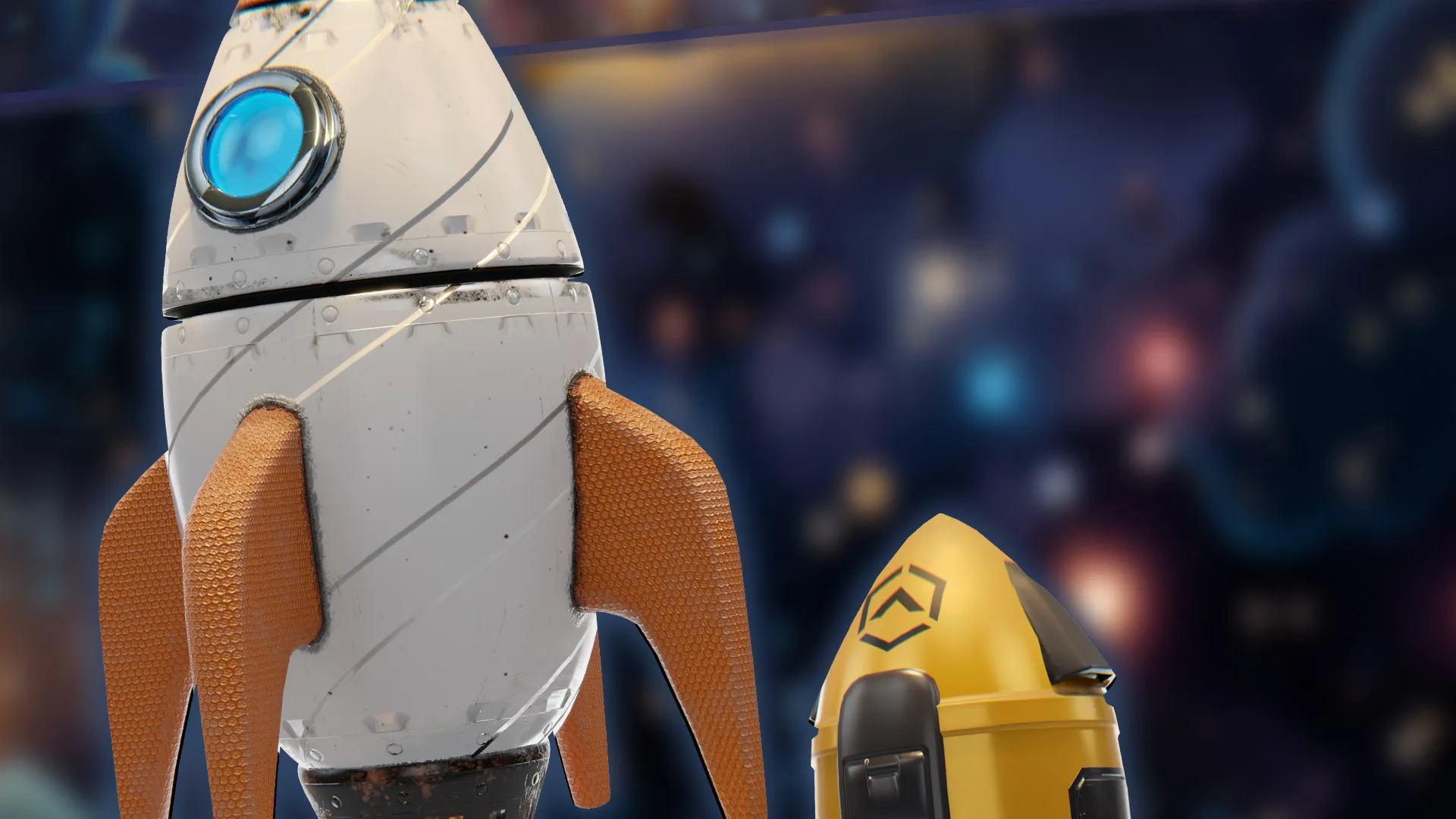 Close-up of stylized white rocket 3D model with detailed materials