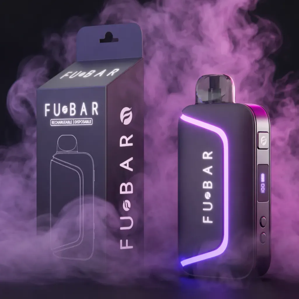 High-contrast 3D render of a vape device and packaging with purple neon lighting and atmospheric smoke