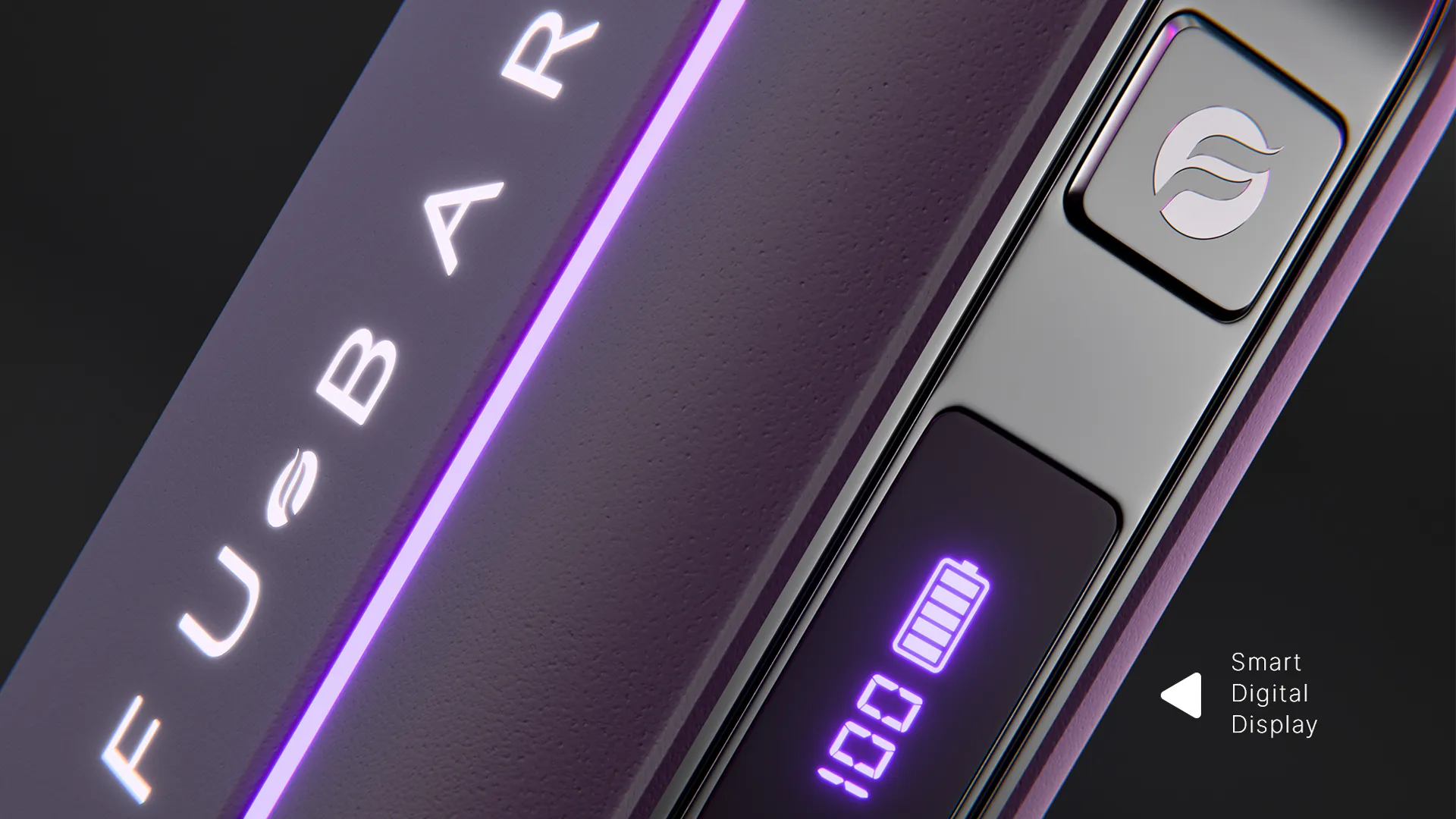 Close-up view of the digital LED display screen showing battery percentages and side buttons on the electronic vape device