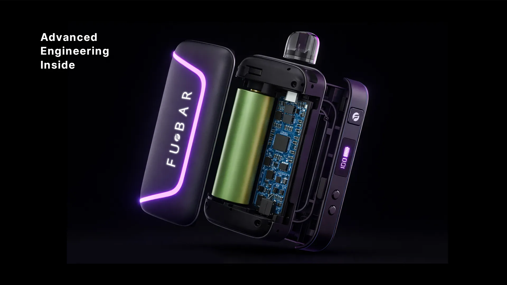 Technical exploded view showing the internal components, battery, airflow, and PCB board of the electronic vape device.