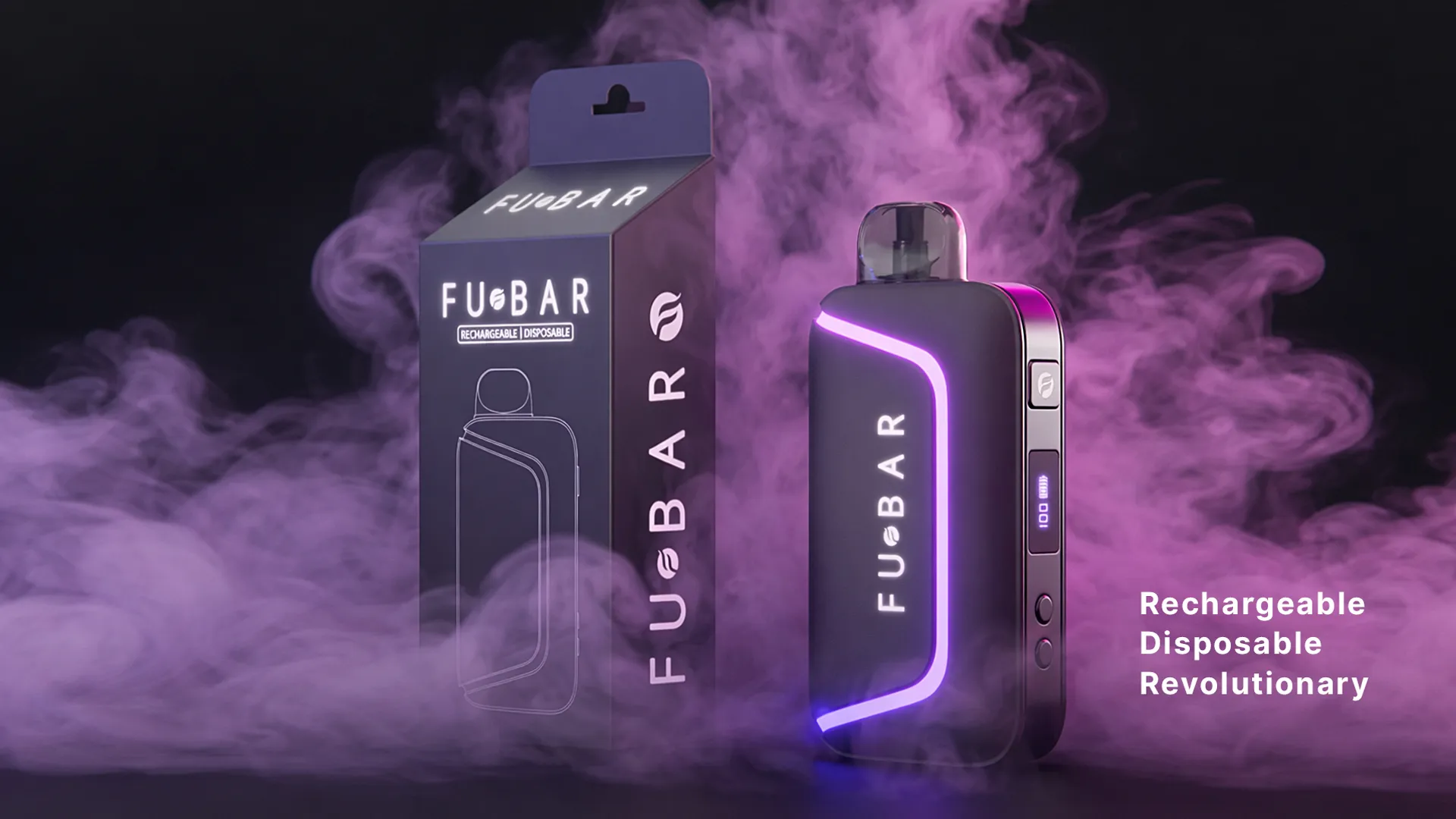 High-contrast 3D render of a vape device and packaging with purple neon lighting and atmospheric smoke