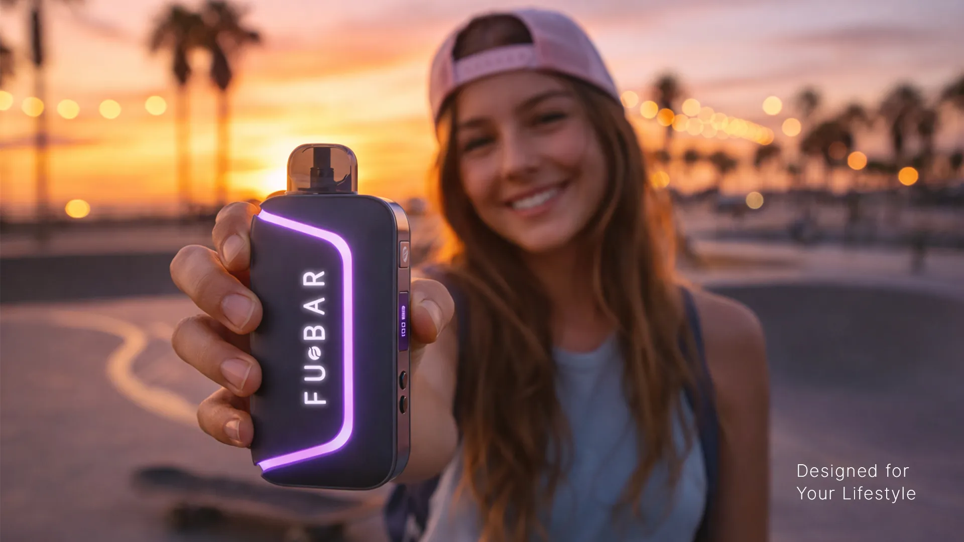 Lifestyle photography composite of a woman holding the illuminated vape device against a sunset beach background