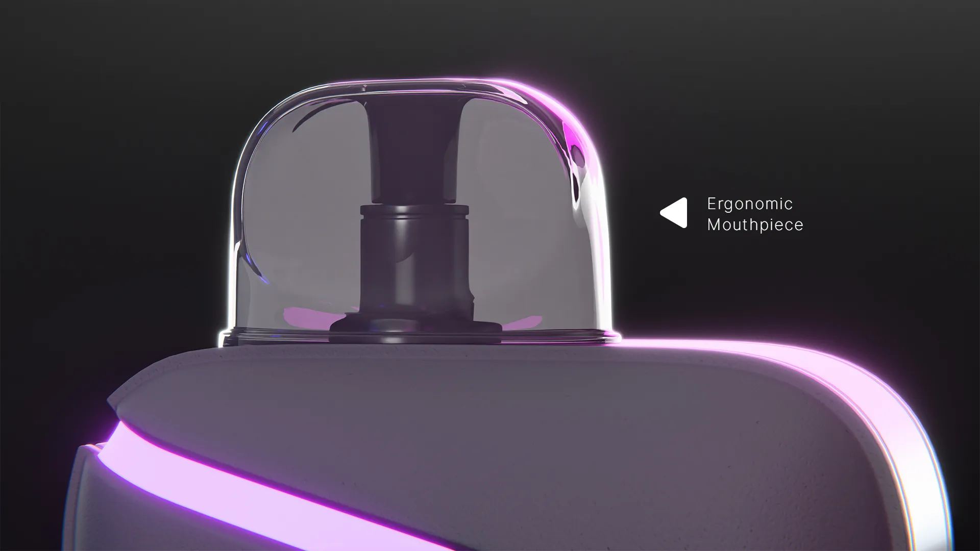Macro 3D render focusing on the transparent plastic material of the vape pod mouthpiece illuminated by purple light